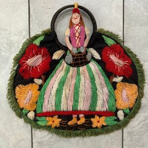 Vintage 80s 90s Spanish Handmade Yarn Stitched Boho Purse Fringe And Flowers